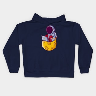 Cute Astronaut Working with Laptop on Moon Cartoon Kids Hoodie